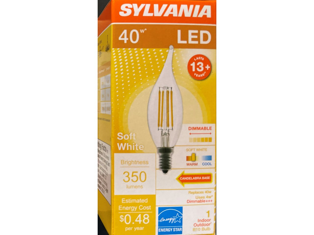 (4 pack) Sylvania LED Decorative Candle Light 40 watt equivalent Soft White Candelabra Base, Dimmable Light Bulb
