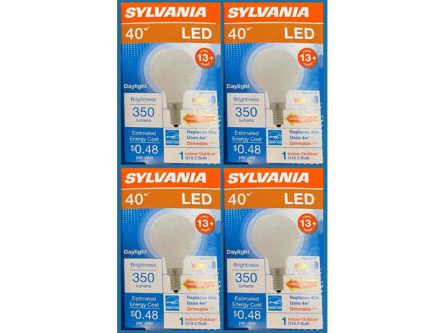 (4 bulbs) Sylvania 40362 LED G16.5 Globe, 40 watt equivalent, Indoor Outdoor, Dimmable, Daylight, Candelabra Base, 350 Lumens LED Light Bulb