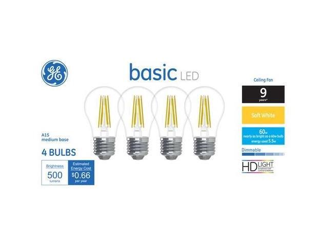 (4 bulbs) GE basic LED A15, Dimmable, 60 watt equivalent, 500 lumens, soft white LED ceiling fan Light bulb
