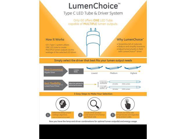 (pack of 6) GE 34211 LED Tube Lighting LED T8 Linear Bulb, G13 base, Adjustable lumens, 3000K, Type C Lumen Choice 48 inch