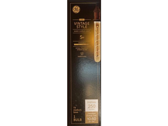 GE 36725 Vintage Style LED Light Bulb, 60 watt equivalent, amber finish, T9 shape, Edison Style, Dimmable, Meandering Spiral filament