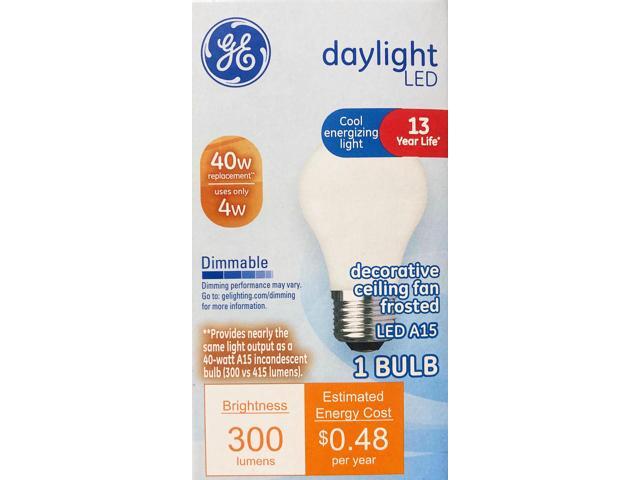 (4 bulbs) GE 32275 LED Daylight A15, 40 watt equivalent, 300 lumens, 5000K Daylight A15 Ceiling Fan/Appliance frosted finish medium base Dimmable...