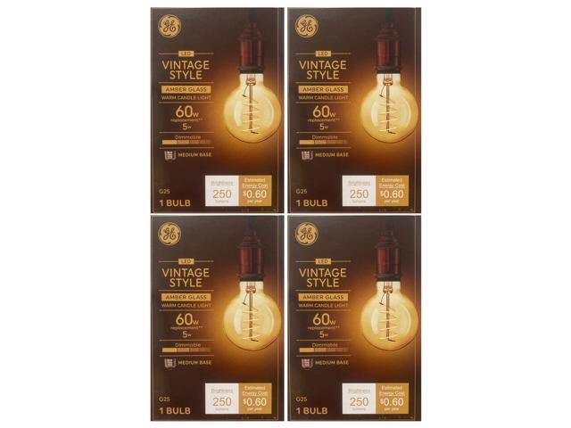 (case of 4 bulbs) GE 36731 Vintage Style LED Light Bulb, G25 Globe, Amber finish, Joyously Meandering Spiral filament, medium base, Dimmable