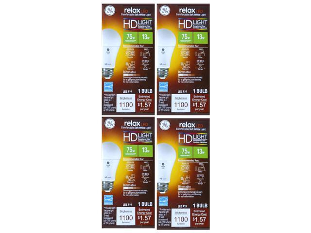 (case of 4) GE relax LED A19, 75 watt equivalent uses only 13 watts, 1100 lumens, High Definition Light, Comfortable soft white light, medium...