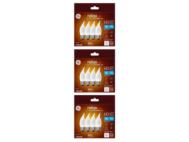 (12 bulbs) GE 48265 relax LED Decorative Chandelier light bulb, 60 watt equivalent, bent tip, HD Light, frosted, dimmable LED Light bulb