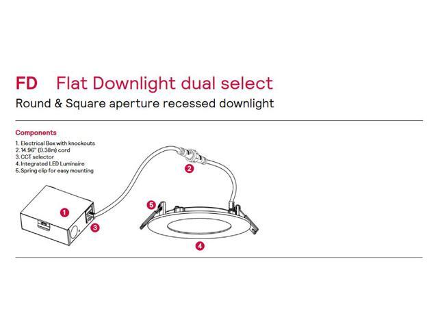 Philips Lightolier LED flat downlight dual select, 5 inch round FD5RSLMZ10SCTUW, field selectable lumens, 0-10v Dimming, 5 CCT field selectable...