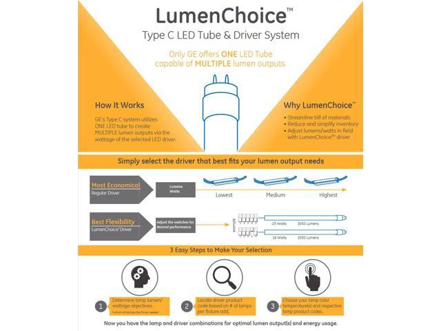 (case of 10) GE Lighting 34261 LED Tube T8, 48 inches, 6500K Daylight, Type C LumenChoice, Selectable Lumens, Dimmable, LED upgrade for 4ft T8...
