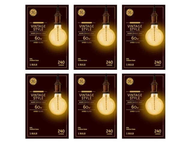 (case of 6 bulbs) GE 46176 Vintage G30, Amber Glass, 60 watt, meandering joyous spiral filament, dimmable amber candlelight glow, lightbulb