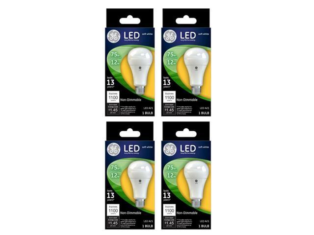 (4 bulbs) GE Lighting 65721 LED A21, 12 watt (75 watt equivalent) soft white A21, non-dimmable, LED light bulb, 1100 lumens