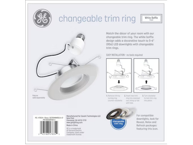 GE Lighting 47834 changeable Trim ring Baffle, RS6 (6 inch diameter) metal trim ring, fits 5 or 6 inch fixtures, white baffle, converts 5 or 6...