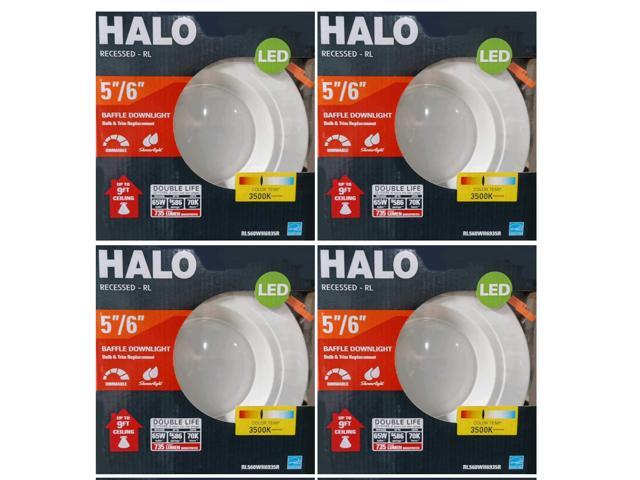 (4 pack) HALO Recessed RL560WH6935R 5' or 6' Integrated LED bulb with Recessed White Trim, 3500K Soft White, 735 lumens, wet rated for shower use,...
