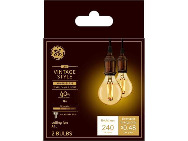 (2 bulbs) GE Lighting 42160 LED A15 Vintage Amber Glass, 4 watt, 240-Lumen, Dimmable LED Bulb with Candelabra Base, Warm Candle Light, ceiling fan...