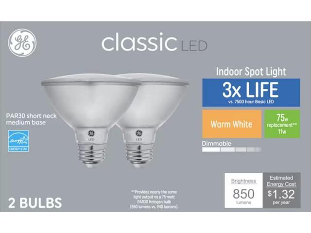 (2 bulbs) GE classic LED PAR30 Shortneck, 75 W Equivalent, Dimmable Warm White Par30 Shortneck, 11 watt, 850 lumen LED Light Bulb Indoor Spot Light