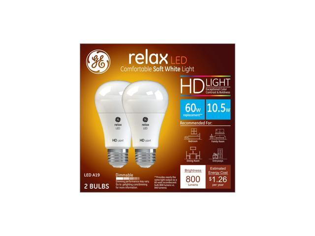 GE Lighting 36835 Light Bulb Relax HD Dimmable LED A19 10.5 (60-Watt Replacement), 800-Lumen Medium Base, 2-Pack, Soft White, 2