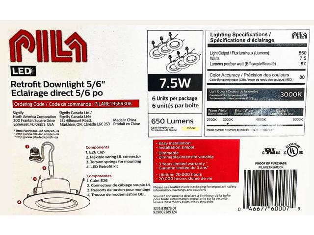 (case of 6) Philips Pila LED Retrofit Downlight, 6 inch Round, 650 lumens, 3000K Color Temp, 120V, Dimmable, White Trim, LED Donwlight Luminaire...