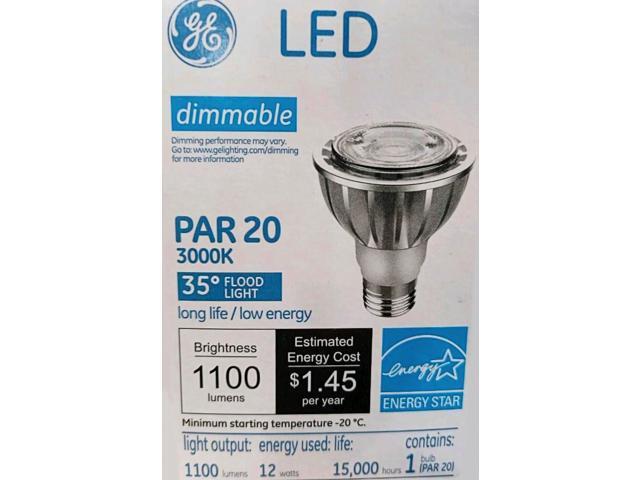 GE 38130 LED PAR20 Flood Light, 1100 Lumens, 3000K, 35 degree beam angle, Dimmable, 12 watts, 15000 hours, energy star