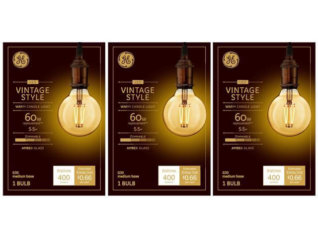 (case of 3 bulbs) GE Lighting Vintage Style LED G30 Globe Light Bulb, 5.5 Watts (60 Watt Equivalent) Warm Candle Light, Amber Glass, Medium Base,...