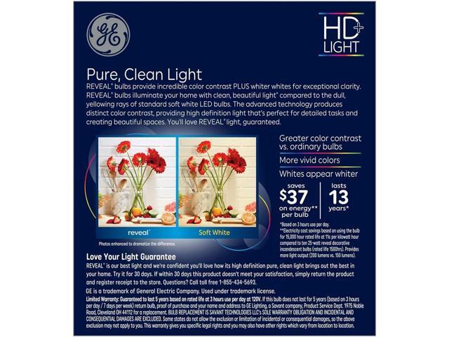 (3 bulbs) GE 42465 Reveal LED 25-Watt equivalent LED Chandelier Bulb, 200 lumens, 2.5 watts, candelabra base, blunt tip, Color-Enhancing Dimmable...