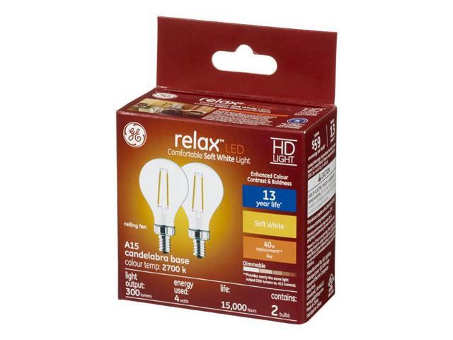 (2 bulbs) GE Relax HD Soft White 4 watt LED Clear Ceiling Fan Candelabra Base A15 Light Bulbs, 40 watt replacement, Dimmable