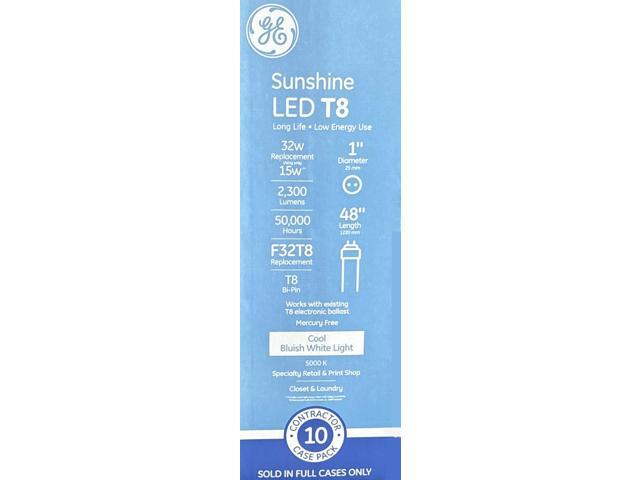 (case of 10 tubes) GE Lighting 30609 Sunshine LED Tube 48 inch T8, 15 watt, 2300 lumen, 5000K Daylight, Type A Plug and Pay replacement for 4ft T8...