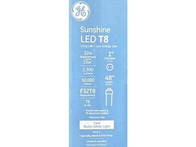 (case of 20 tubes) GE Lighting 30609 Sunshine LED Tube 48 inch T8, 15 watt, 2300 lumen, 5000K Daylight, Type A Plug and Pay replacement for 4ft T8...