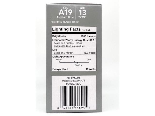 (2 bulbs) GE classic LED A19 Daylight Bulbs, 15 watts, 1600 Lumens , HD Light, Exceptional color contrast and brightness, 100 watt equivalent, LED...