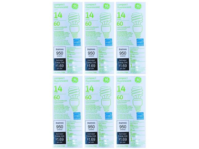 (6 bulbs) GE 94543 Compact Fluorescent 14 watt Light Bulb, FLE14HT3/2/827 T3 Spiral Curlicue Compact Fluorescent Lamp, medium base, 2700K, 950...