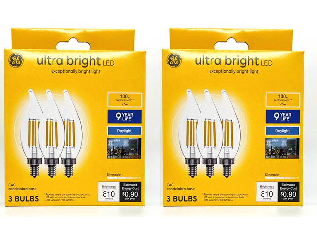(6 bulbs) GE ultra bright LED 100 watt equivalent CA12 Daylight Dimmable Decorative Candle Light Bulb