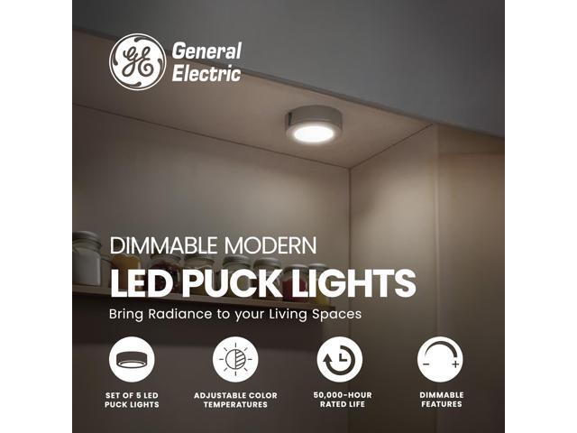 GE 4 Watt Dimmable Modern Easy Linking Corded Electric ?Ceiling Mount Plastic 5,0000 Hour 3.1 Inch Diameter LED Puck Lights, Set of 5, Silver