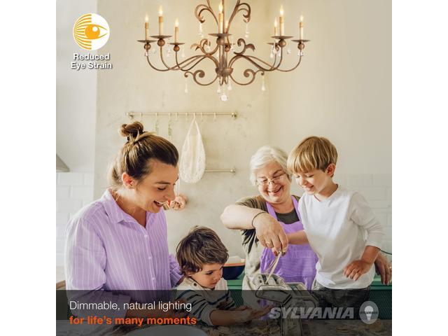 LEDVANCE Sylvania Reduced Eye Strain B10 LED Light Bulb, 60W = 5.5W, Candelabra Base, 13 Year, Dimmable, Clear, 2700K, Soft White - 12 Pack (41225)