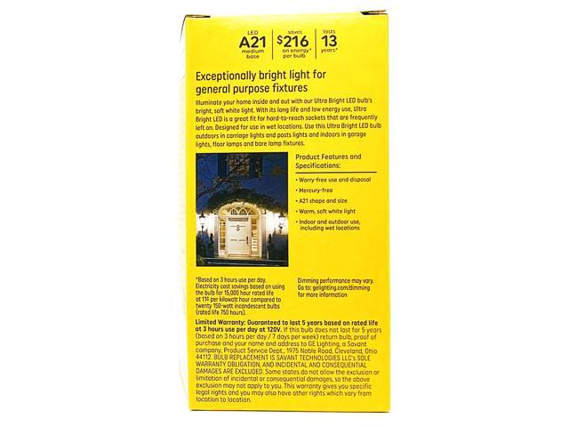 GE ultra bright LED A21, 18.5 Watts, 2610 lumens, Dimmable, Soft White 2700K, Outdoor Wet-rated LED UltraBright Light Bulb
