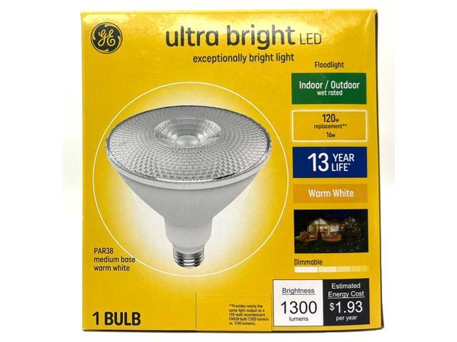 GE ultra bright LED PAR38, 16 watts, 1300 lumens, Dimmable, Indoor and Outdoor rated, Warm White 3000K, Medium base, UltraBright LED Light Bulb