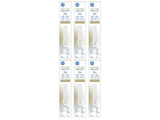 (6 bulbs) GE Lighting Bright White 26 watt Plug-in CFL, G24q-3 base, 6.4 inch, F26DX 3500K, 1800 lumen, compact fluorescent light bulb