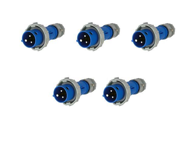 (case of 5) EATON Arrow Hart AH320P6W Pin and Sleeve Plug, 20A 250V, Extra Heavy-Duty, #12, #10 AWG, back wire, blue, nickely plated brass,...