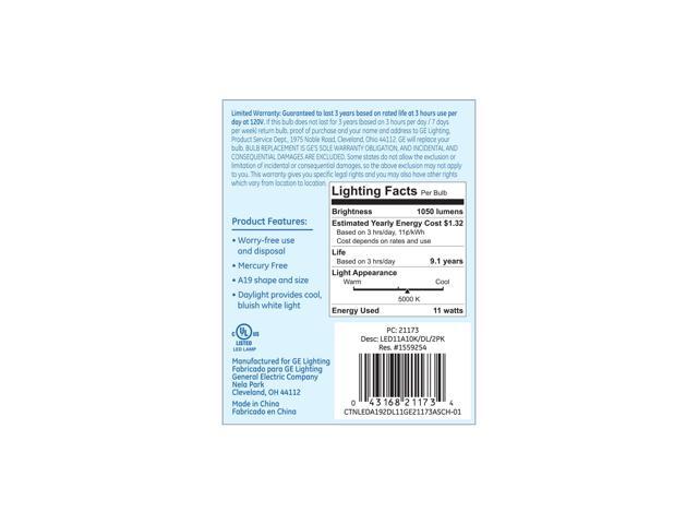 (6 bulbs) GE Lighting 21173 General Purpose Classic Shape A19 LED 11watt light bulb (75-Watt Replacement), 1050-Lumen, Medium Base, Frosted Daylight