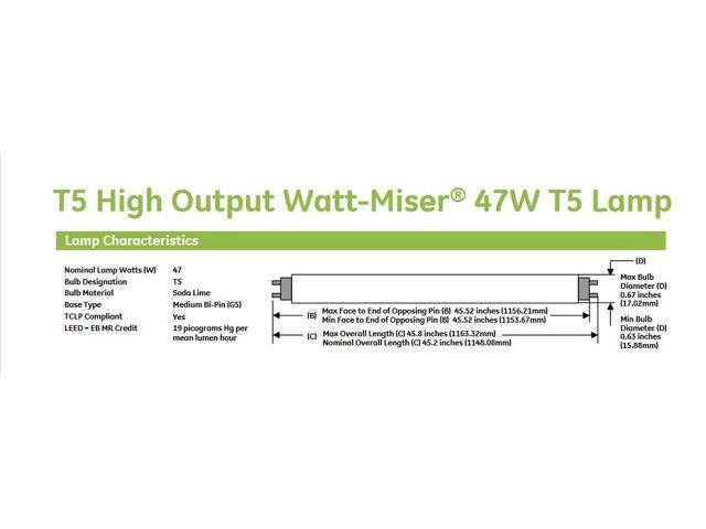 (6 tubes) GE 62021 - F54T5/47W/835/ECO Straight T5 Fluorescent Tube Light Bulb, 45.5 inch, 3500K Neutral White, 47 watts