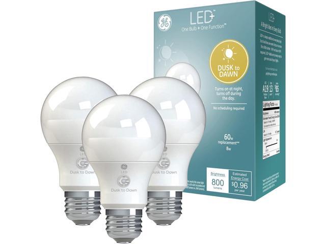 (3 bulbs) GE LED+ Dusk to Dawn A19 LED Light Bulbs, Automatic On/Off Outdoor Light, 8.5W, Soft White