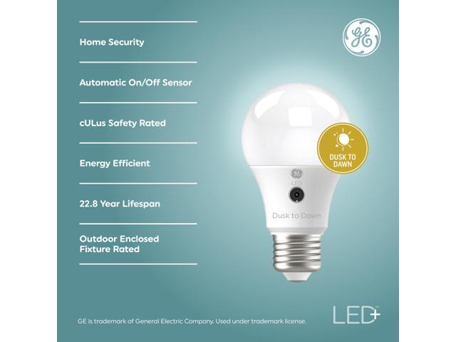 (3 bulbs) GE LED+ Dusk to Dawn A19 LED Light Bulbs, Automatic On/Off Outdoor Light, 8.5W, Soft White
