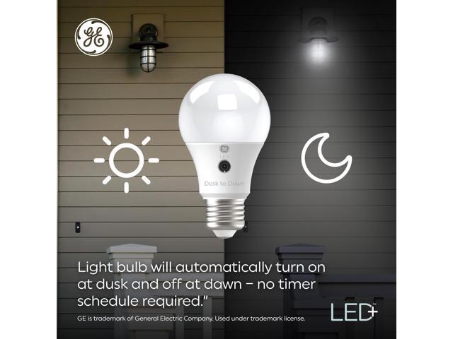 (3 bulbs) GE LED+ Dusk to Dawn A19 LED Light Bulbs, Automatic On/Off Outdoor Light, 8.5W, Soft White