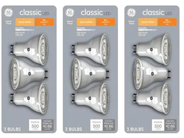 (9 bulbs) GE classic LED MR16, Dimmable, 5.5 watt, 50 watt equivalent, Warm White Flood Light Bulb GU10 pin base