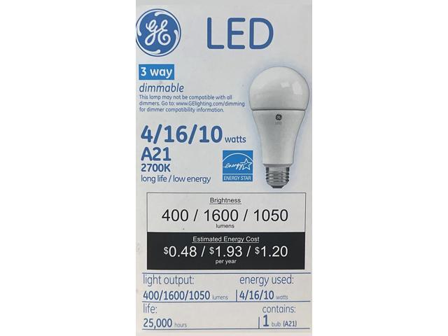 GE 73376 LED A21 3-way Light Bulb, 2700K warm white, using 4/16/10 watts, emitting 400/1600/1050 lumens, medium base