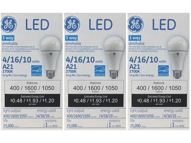 (case of 3) GE 73376 LED A21 3-way Light Bulb, 2700K warm white, using 4/16/10 watts, emitting 400/1600/1050 lumens, medium base