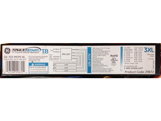 GE 29672 Electronic Ballast,T8 Lamps,120/277V GE332-MV-PS-XL