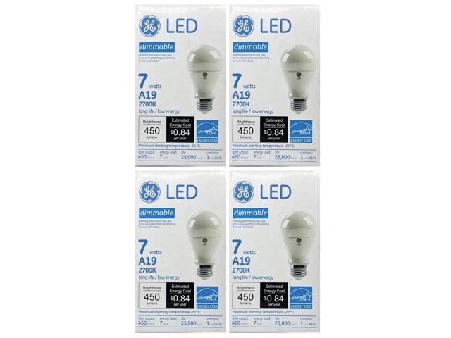 (case of 4 bulbs) GE 11332 - LED A19, 7 watts, 450 lumens, 2700K warm white, Dimmable, LED7DA19/827 LED Light Bulb