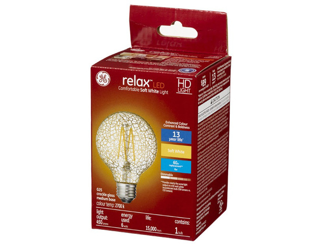 GE Lighting relax LED HD Soft White LED Decorative Crackle Glass G25 Globe, 6 watt, 450 lumen, medium base, Dimmable LED Light bulb