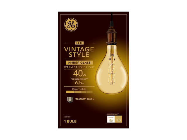 GE Vintage Style LED Light Bulb, 40 Watt, Amber Finish, PS52 Large Pear Shaped B