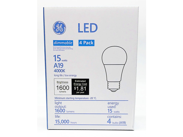 (4 bulbs) GE A19 Dimmable LED Light Bulb, 4000K Cool White, 1600 Lumen, 15 watt