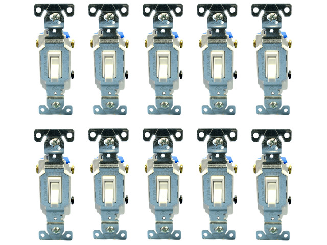 (case of 10) Eaton Toggle Switch, 15A, White, 3-way Non-Grounded, 1303W-BOX