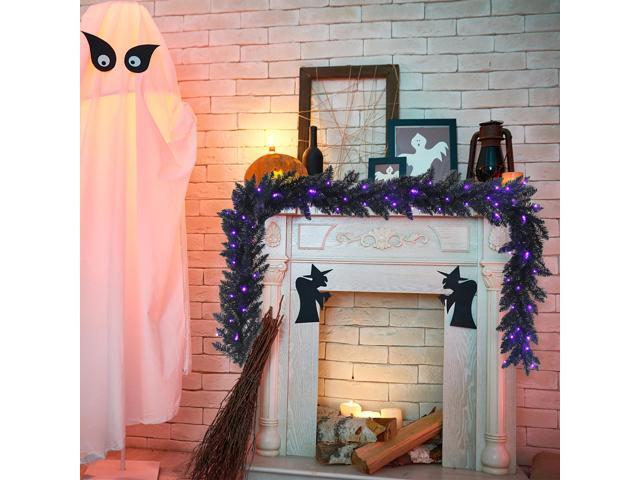 Costway 9ft Pre-lit Christmas Halloween Garland Black w/ 50 Purple LED Lights
