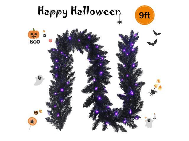 Costway 9ft Pre-lit Christmas Halloween Garland Black w/ 50 Purple LED Lights